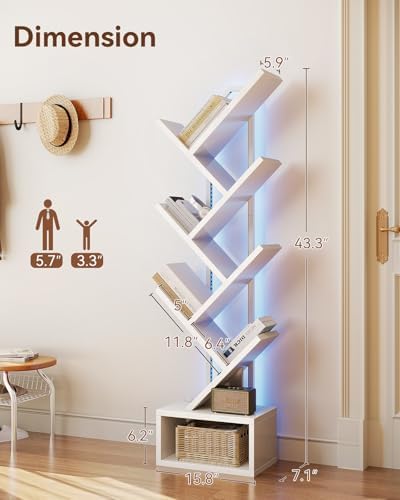 Casaottima Tree Bookshelf with LED Lights, 6-Tier Small Bookshelf, White