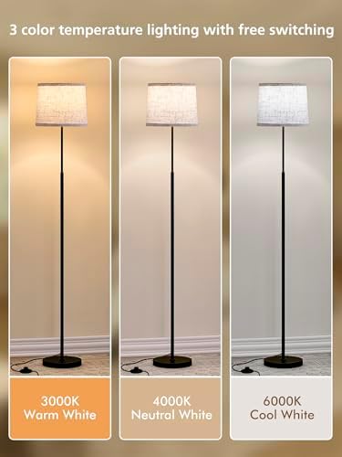 60" Modern Floor Lamp with Linen Shade, 3 Color LED Bulb & Foot Switch