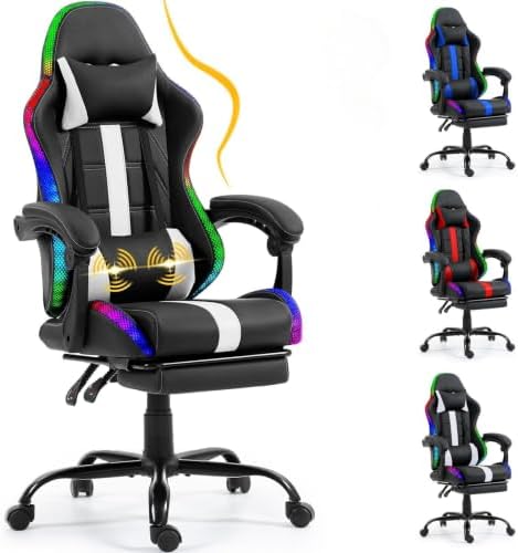 ECOTOUGE Gaming Chair with Footrest, Lumbar Massage & RGB LED Lights, White