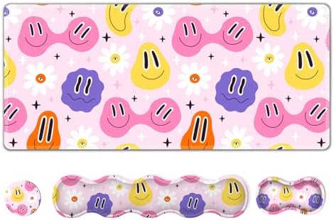 Gaming Mouse Pad Keyboard Wrist Support, 4 in1 Mousepad with Wrist Keyboard Rest, Computer Desk Mat, Non-Slip Desk Pad Protector with Memory Foam Easy Typing Pain Relief I Cute Hippie Smiley