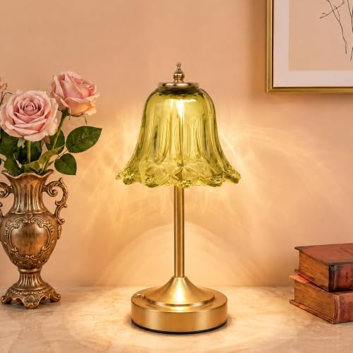 Cordless Table Lamp, Rechargeable Green Glass Tulip Flower Touch Lamp