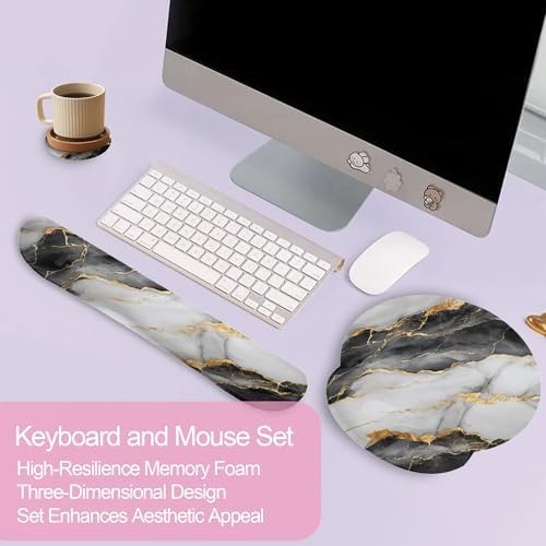 Black Gray Gold Marble Keyboard Wrist Rest Pad and Mouse Pad Wrist Support Set,3-in-1 Ergonomic Mouse Pad with Non-Slip Rubber Base for Home Office Game Computers Desk,