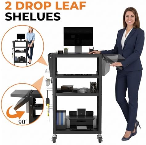 Mobile AV Cart with Pullout Keyboard Tray, Rolling Computer Cart Height Adjustable Rolling Media Utility Cart with 4 Wheels