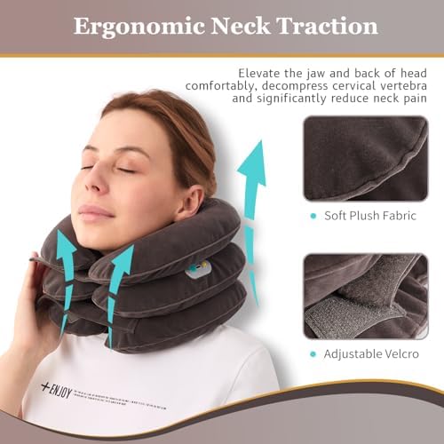 Electric Pump Cervical Neck Traction Device for Neck Pain Relief, One-Click-to-Inflate Neck Stretcher Support Brace for Home Use Neck Decompression (Built-in Battery & Motor Powered) Gray