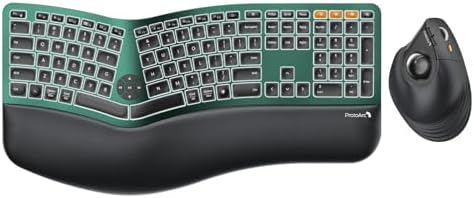 ProtoArc Backlit Wireless Full Size Ergonomic Keyboard Green and Vertical Wireless Trackball Mouse
