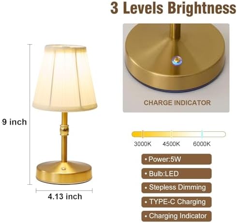 Cordless Mini Lamps Gold,3000 mah Battery Operated Lamp,3 Color Temperature Dimmable Table Lamp,Small Rechargeable Table Lamp Fabric,Aesthetic Small kitchen Lamp for Counter,Dinner (Gold,2 Pack)