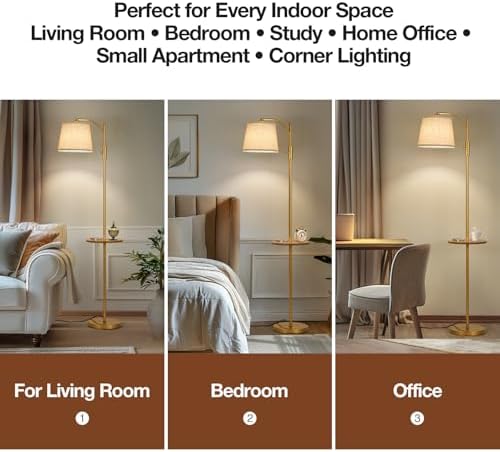 AIDENOEY Golden Floor Lamp with Table, Dimmable Standing Lamp, Living Room