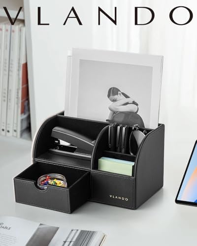 VLANDO Desk Organizer, 6-Compartment Faux Leather Desk Storage with Drawer
