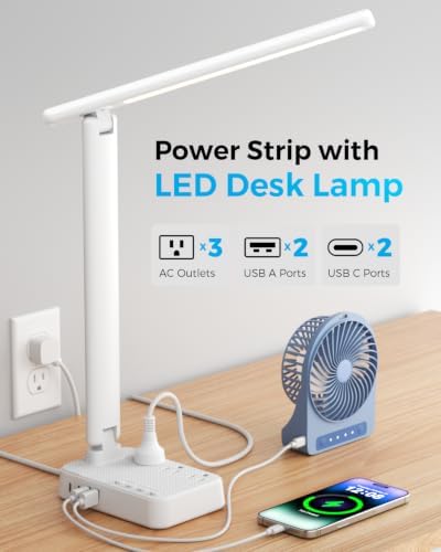 LED Desk Lamp with Power Strip, 3 AC Outlets, 4 USB Ports, Stepless Dimming