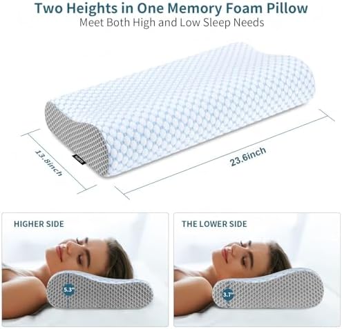 Cervical Pillow for Neck Pain Relief, Contour Memory Foam Pillows for Sleeping, Ergonomic Pillow Cooling Pillow Bed Pillow Neck Support for Side Back Stomach Sleepers (Blue & Grey)