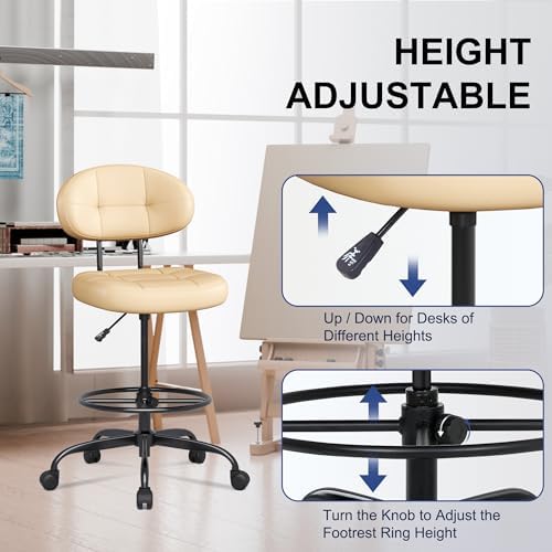 Misolant Drafting Chair Without Arms, Tall Office Chair with Footrest Ring for Standing Desk, Small Faux Leather Executive Office Chair with Adjustable Height for Bar Lab Counter Height Desk, Khaki
