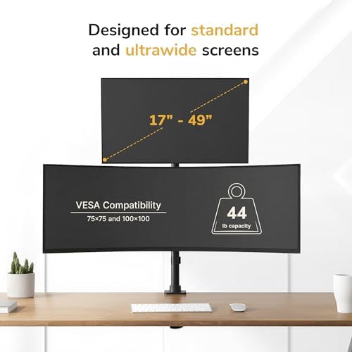 Mount-It! Dual Ultrawide Monitor Mount, Vertical Stacking Heavy Duty Desk Stand for 17-49" Screens up to 44 lbs, VESA 75x75 100x100, Tilt Swivel Rotate, Portrait and Landscape
