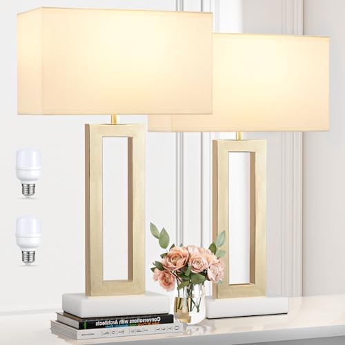 Seealle 22" Tall Bedroom Lamps for Living Room - Gold Bedside Lamps with Marble Base, Lamp for Nightstand with Knob Switch, Modern Night Stands Lamps for End Tables(White&Gold&Marble)