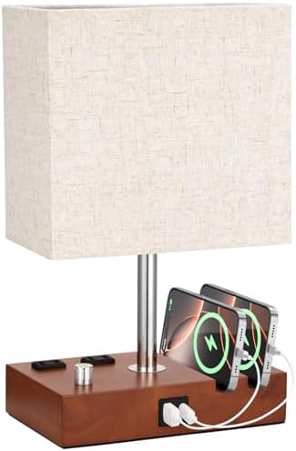 Brown Wood Grain Bedside Lamp - Stepless Dimmable, USB C+A, 2 AC Outlets