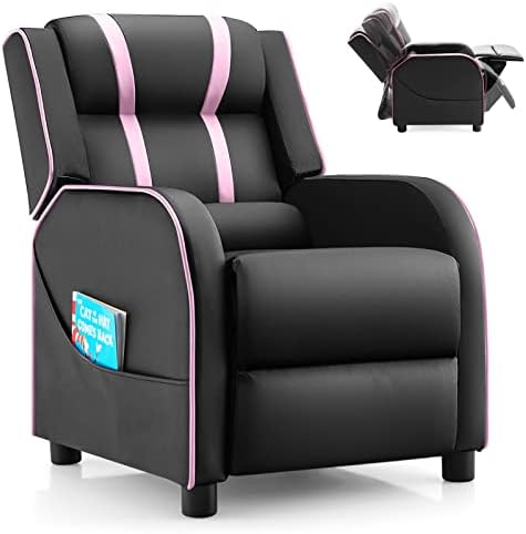 Costzon Kids Recliner, Gaming Recliner Chair w/Side Pockets, Footrest, Headrest & Lumbar Support for Kids Room & Play Room, Adjustable Racing Style Leather Sofa for Children Boys Girls (Pink, Black)