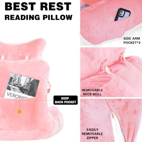 Reading Pillow-Extra Large 31" Bed Rest Pillow with Detachable Neck Roll & Arms for Sitting in Bed or Couch-Backrest Reading Pillow Adult Back Pillows for Reading/Watching TV/Gaming/Relaxing-Pink