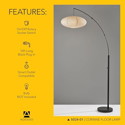 Adesso Floor Lamp, Black & Off-White Paper, Overhead Light, 80”