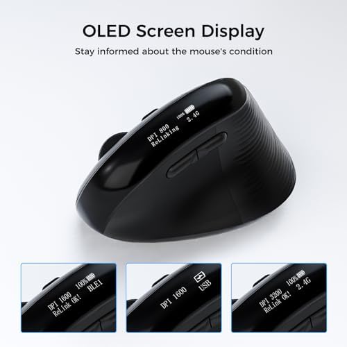 Wireless Ergonomic Mouse with Screen，Bluetooth Vertical Mouse Rechargeable, Quiet Clicks, USB Ergo Design Cordless Mice Compatible for Windows, PC, Laptop, Mac OS, Black
