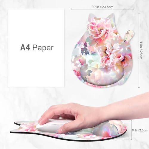 Ergonomic Mouse Pad with Wrist Rest, Cute Cat Memory Foam Padded Pain Relief Non-Slip Wrist Support Mouse Mat for Gaming Work Computer Laptop, Funny Office Supplies Desk Accessory, Pink Flower