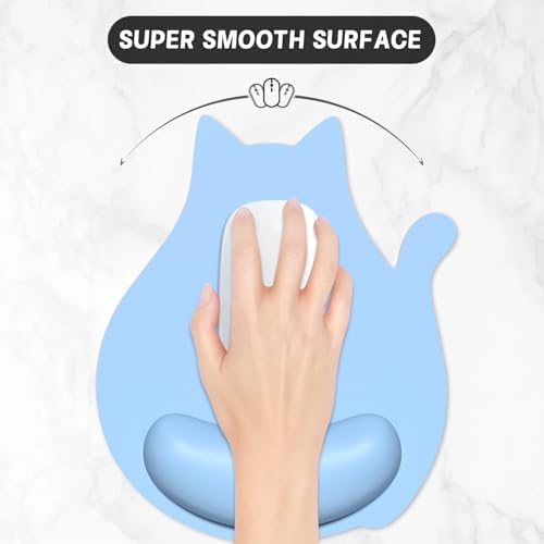 Ergonomic Mouse Pad with Wrist Rest, Cute Cat Memory Foam Padded Pain Relief Non-Slip Wrist Support Mouse Mat for Gaming Work Computer Laptop, Funny Office Supplies Desk Accessory, Sky Blue