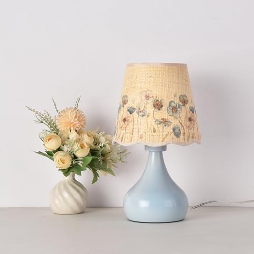 Ziqqeelam Blue Small Bedside Cute Table Lamp for Bedroom, Table Lamps for Nightstand, Scalloped Rattan Shade Table Lamps for Small Spaces for Bedroom, Home Office, Living Room