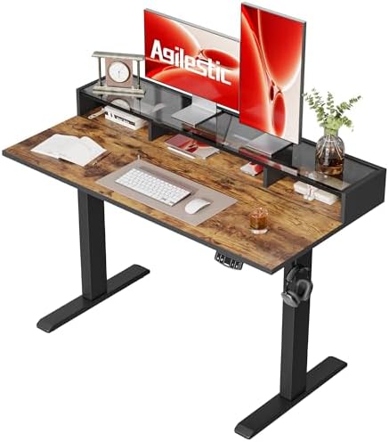 Agilestic 48*24 Inch Electric Standing Desk with Glass Shelf, Rustic Brown