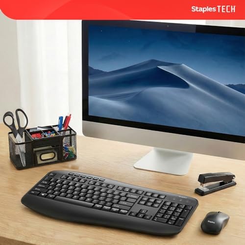 Staples TECH Wireless Comfort Keyboard, Quiet Typing, USB, Black