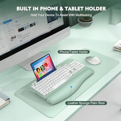 Wireless Keyboard and Mouse Combo, Full-Sized Ergonomic Wave Keys Keyboard with Memory Foam Wrist Rest & Phone Holder, 2.4G Quiet Keyboard Mouse Work Setup for PC Laptop, Office or Home (Mint Green)