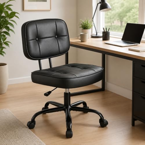 Armless Drafting Chair, Ergonomic PU Leather Home Office Computer Task Chair with Lumbar Support, Height Adjustable Swivel Rolling Chair for Small Spaces, Vanity, Bedroom, Study, Living Room, Black