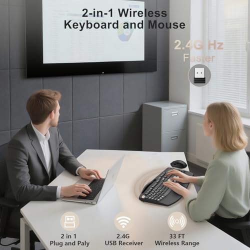 Wireless Keyboard and Mouse Combo, 2.4G Ergonomic Wave Keys(Latte Black)