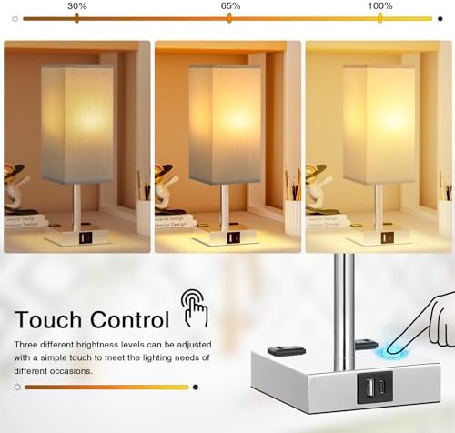 Set of 2 Grey Touch Table Lamp for Bedroom, Dimmable, USB C+A, 2 AC Outlets