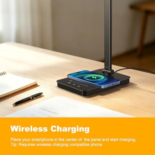 LED Desk Lamp, USB Charging Port Touch Control for Home Office 5 Color Modes with Timer,Adjustable Arm,Wireless Charging, 10 Dimmable Eye-Caring Table Light with Data Cable for Work Study