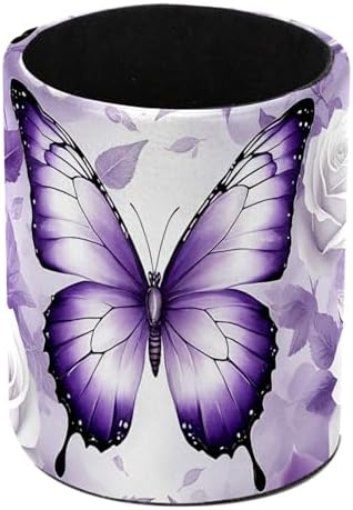 Butterfly Rose Purple Pen Holder Pencil Organizer Cute Pencil Cup Desk Decor Makeup Brush Holder PU Multifunctional Office Supplies for Home Classroom School