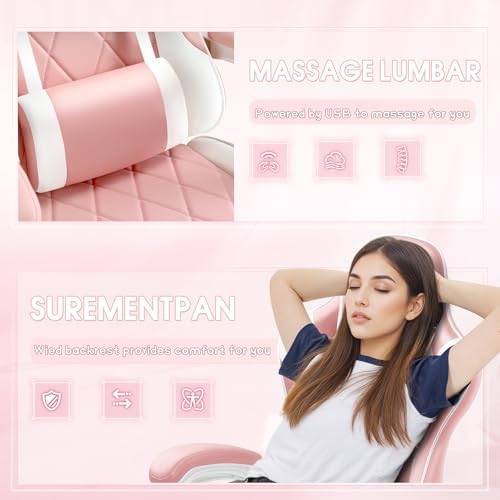 Shahoo Gaming Chair with Footrest and Massage Lumbar Support, Ergonomic Office Computer Seat Height Adjustable with Headrest, Pink
