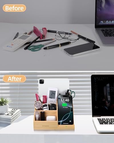 Bamboo Pen Holder with Wireless Charger, Desk Organizer 5 Compartments
