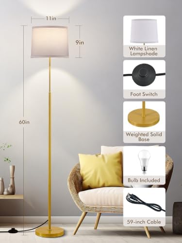 60" Modern Floor Lamp with Linen Shade, 3 Color LED Bulb & Foot Switch