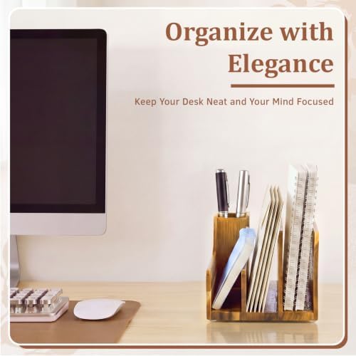 Novabright Acacia Wood Desk Organizer with Pen Holder, 4 Slot Mail Sorter