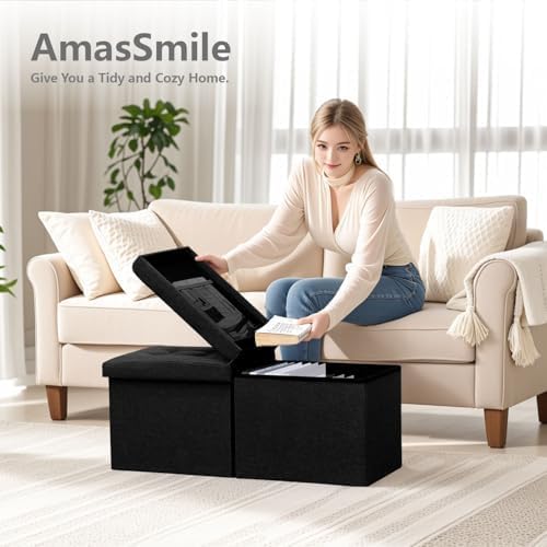 AmasSmile Footrest Ottoman Storage Bench, 34" Linen Folding Chest, Black