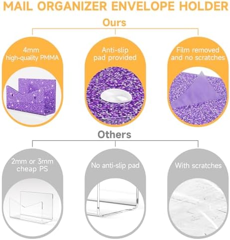 Mail Organizer Envelope Holder - 3 Compartments Glitter Purple Acrylic Mail Holder Countertop Vertical Desk Organizer Small File Bill Document Notebook Letter Sorter for Home School Office