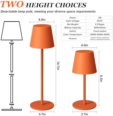 Kakanuo Cordless Table Lamp Rechargeable Orange - KK 2 Pack 5000mAH Battery Operated Lamp for Counter, 3 Color Stepless Dimming Wireless Lamp for Dining Kitchen, Outdoor Patio, Touch Control