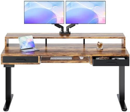 HUANUO 63″ X 26″ Electric Standing Desk with 2 Drawers &24.4″ Large Keyboard Tray, C-Clamp Mount Compatible, Adjustable Computer Desk for Office, Sit Stand Up Desk with 4 Height Presets, Vintage Brown