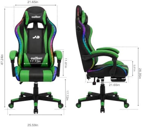 Redeer Led RGB Gaming Chair with Speakers Massage & Footrest, Reclining Gamer Chair for Adults, Video Game Chairs with Canopy, Heavy Duty Gaming Chair Massage, 350LBS Green