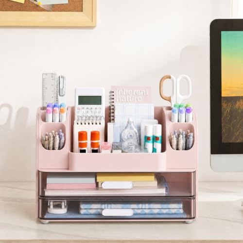 HBlife Desk Organizer with Pencil Pen Holder for Desk, Pen Organizer with 2 Drawers, Desk Organizers and Accessories with Compartments, Desktop Storage for Office, Home, School, Art Supplies, Pink