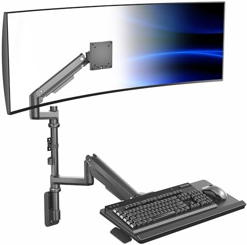 VIVO Sit-Stand Heavy Duty Ultrawide Monitor Wall Mount for Screens up to 49 inches with Height Adjustable Keyboard and Mouse Tray, Pneumatic Arm Computer Workstation, MOUNT-V120KB35C