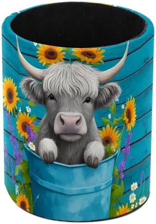 Highland Cow Rustic Teal Wood Pen Holder Pencil Organizer Cute Pencil Cup Desk Decor Makeup Brush Holder PU Multifunctional Office Supplies for Home Classroom School