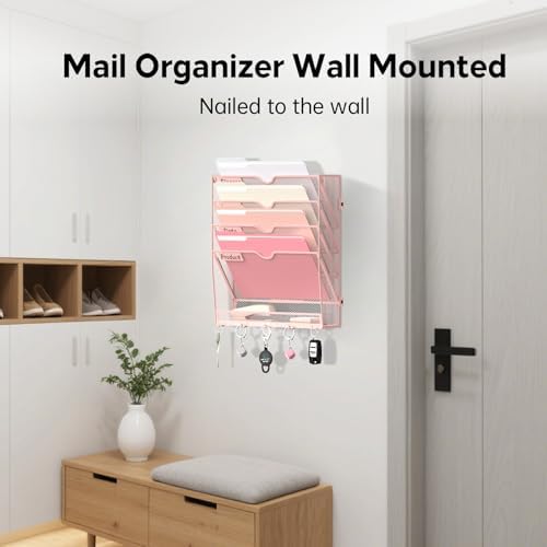 5-Tier Wall File Organizer and Mail Organizer with 5 Hooks, Pink