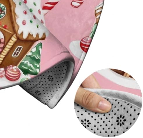 Large Home Decor Mat, Soft Round Yoga Carpet, Non Slip Machine Washable Home Office Circle Rug Pink Xmas Gingerbread House Christmas