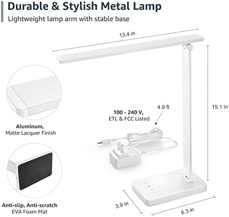 Lepro LED Desk Lamp with USB Charging Port for Dorm Room, 700LM 9.5W, White