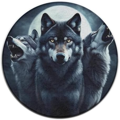 Soft Round Yoga Carpet, Large Home Decor Mat, Non Slip Machine Washable Kitchen Office Circle Rug Full Moon Wolf
