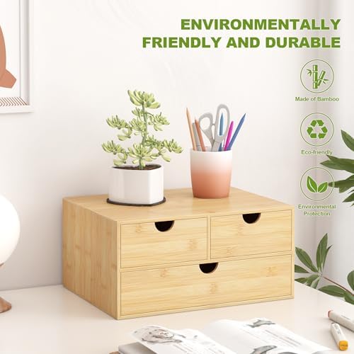 Bamboo Desk Drawer Organizer, Large Desktop Organizer with Drawers Tabletop Storage Organization Box for Office Home Toiletries Supplies Vanity, No Assembly Required (L-3 Drawers)